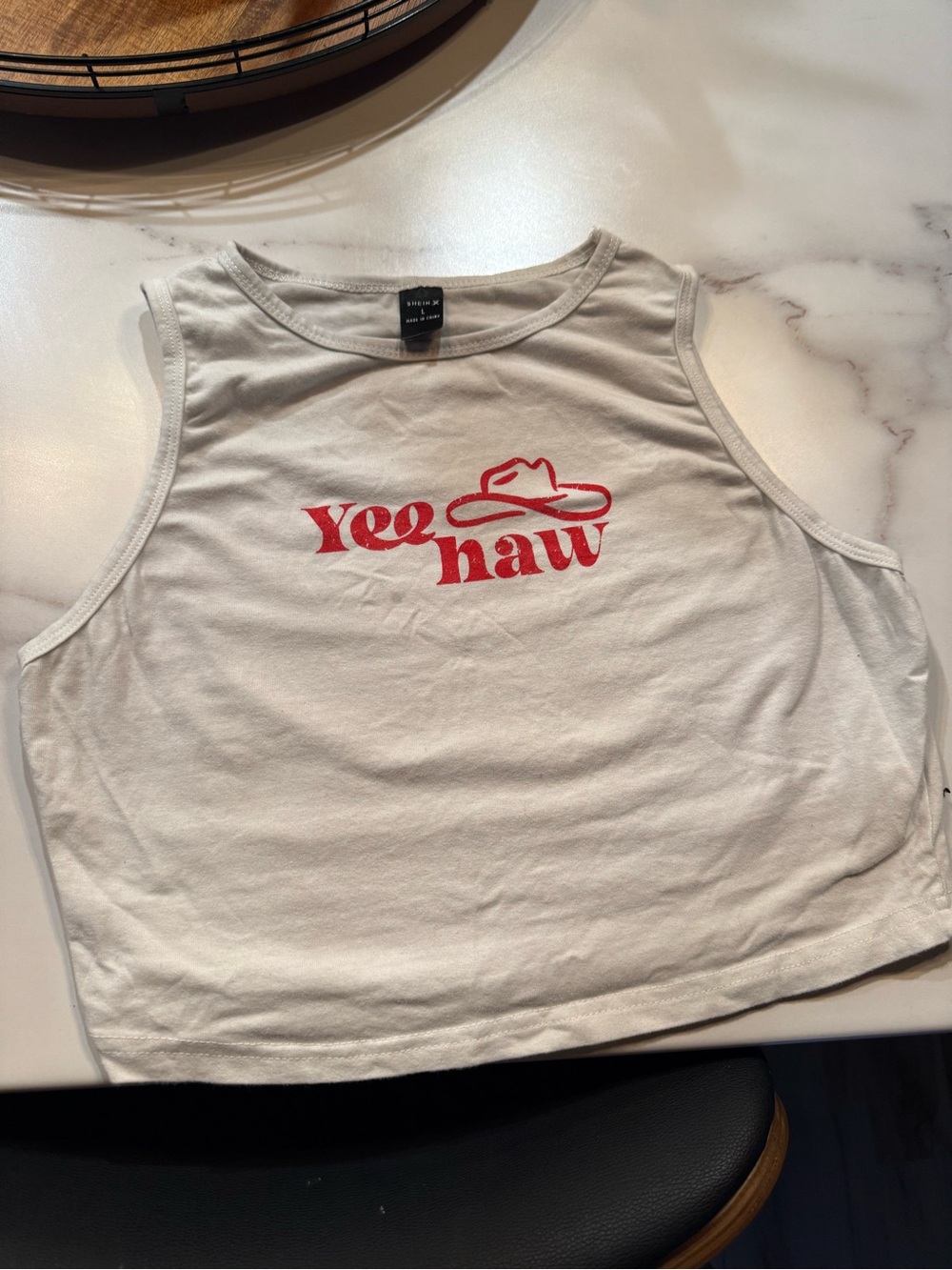 SHEIN White Cropped Tank with Red "Yee Haw" Graphic